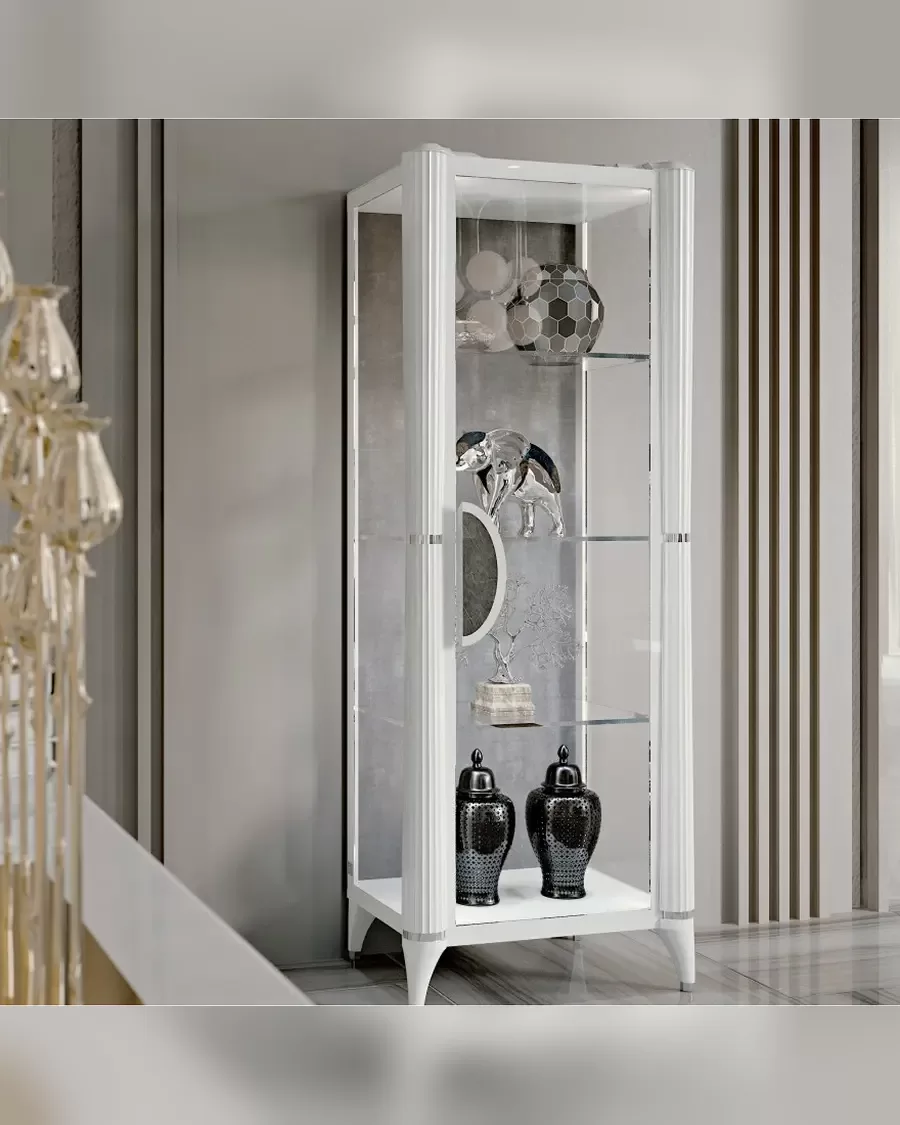 Ellipse One-Door Glass Cabinet by Francesco Pasi, glass cabinet next to a dining room buffet