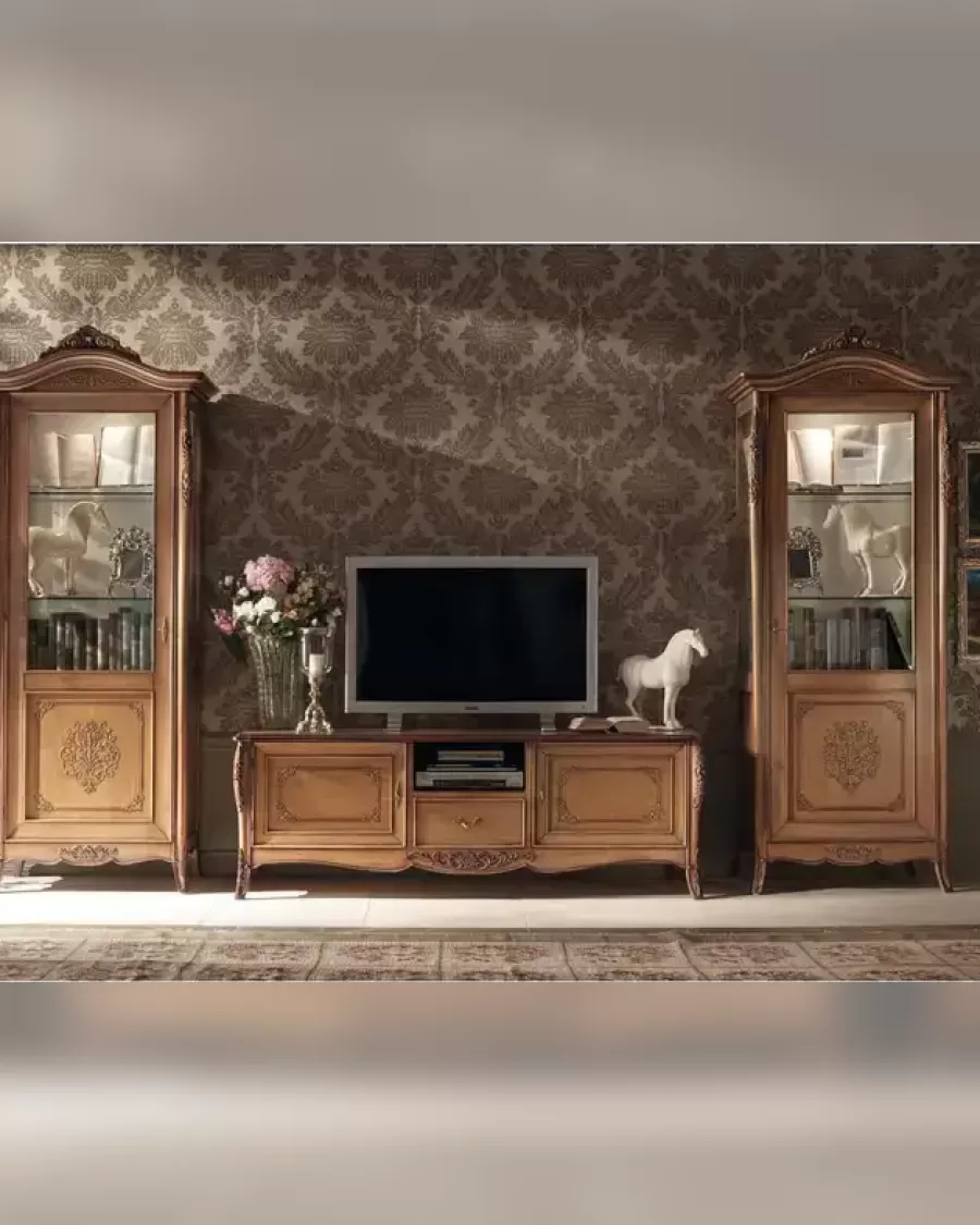 Gran Guardia TV Stand 2015 by Francesco Pasi, TV unit facing a carved coffee table