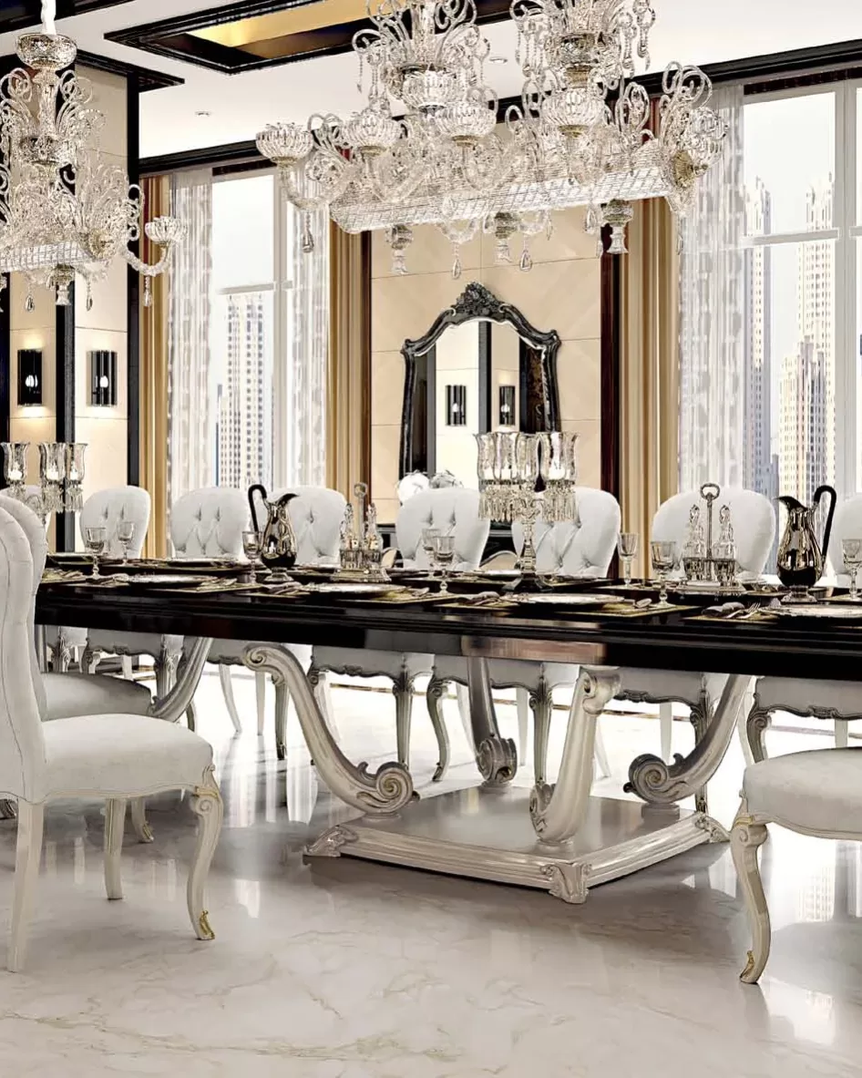Opera Carved Extendable Rectangular Table with Two 50 cm Leaves, closed 500 cm by Francesco Pasi, carved dining room set