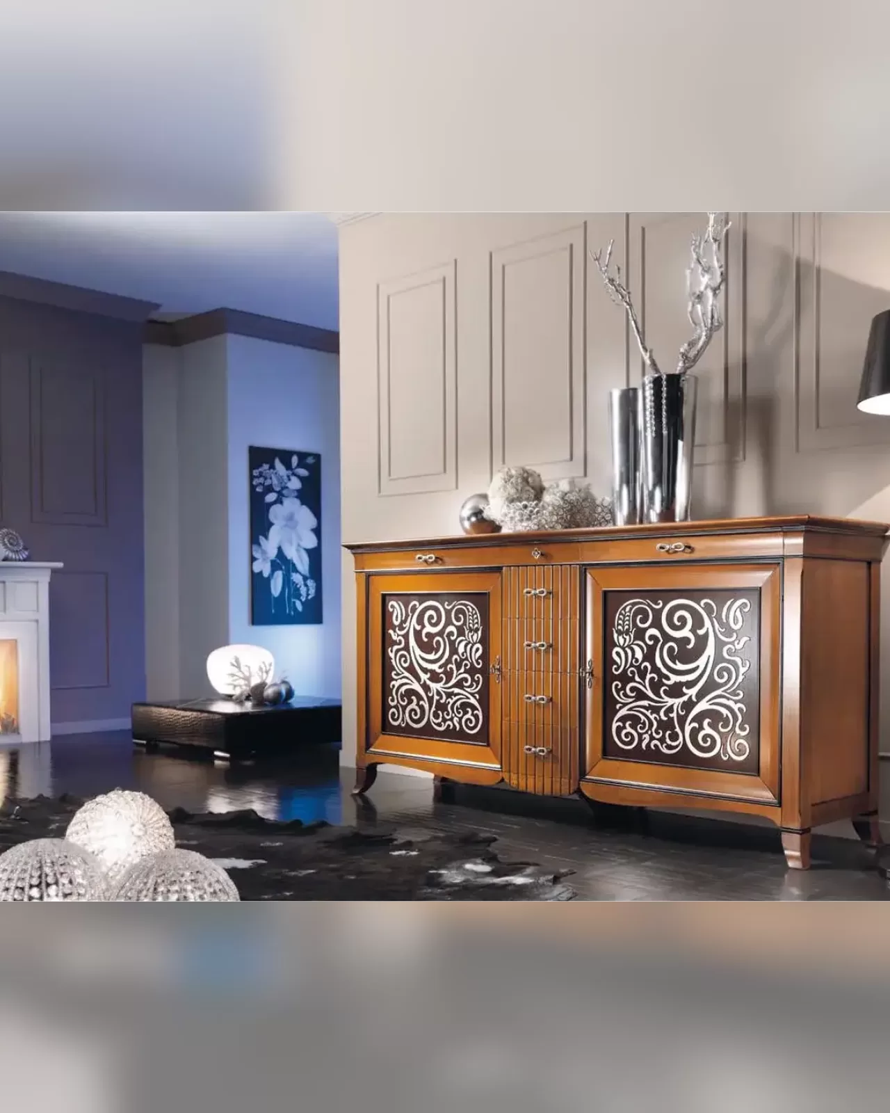 New Deco Sideboard with Silver Leaf Panels by Francesco Pasi, wooden sideboard in cherry
