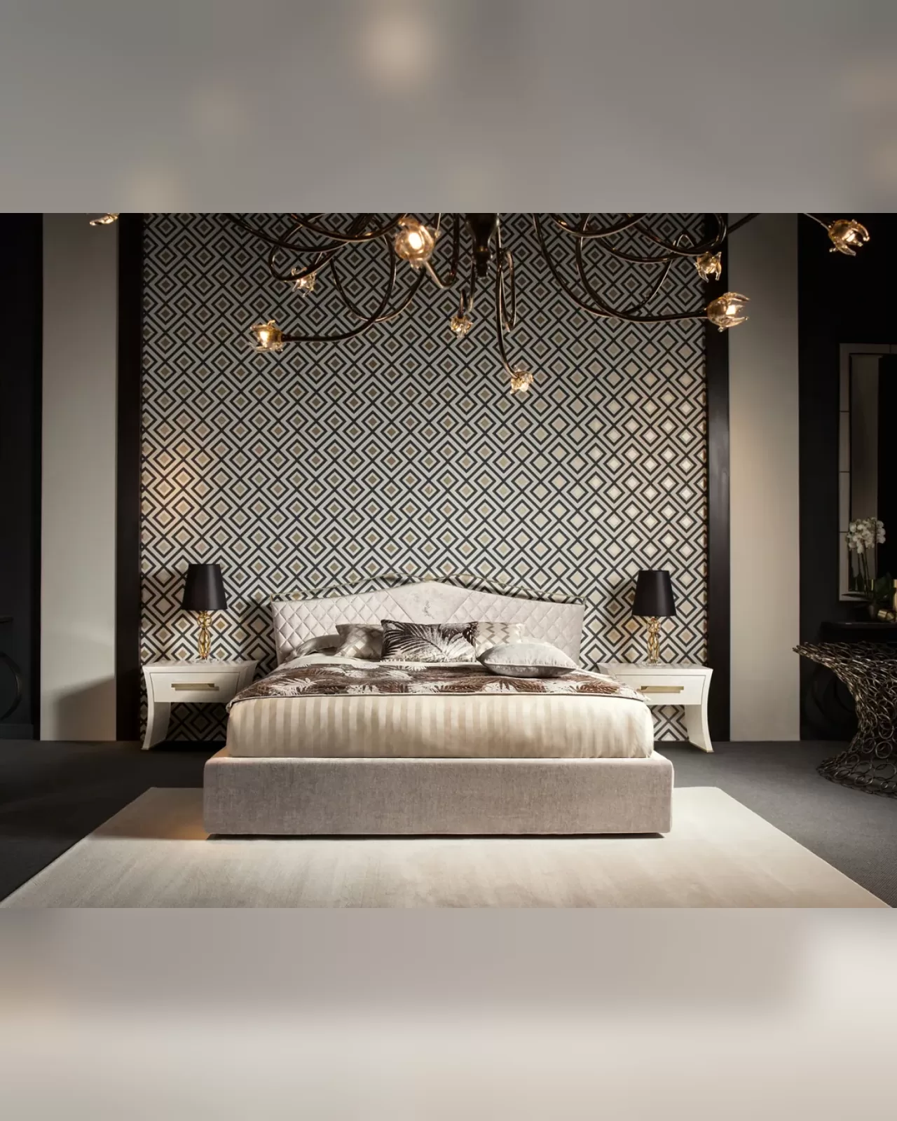 Valentino bed by Cantori as the centre of a luxury bedroom set with quilted upholstery and matching pieces