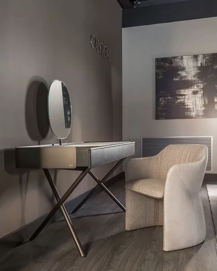 Karina upholstered dining chair by Cantori, shown in a high-end Italian dining room setting