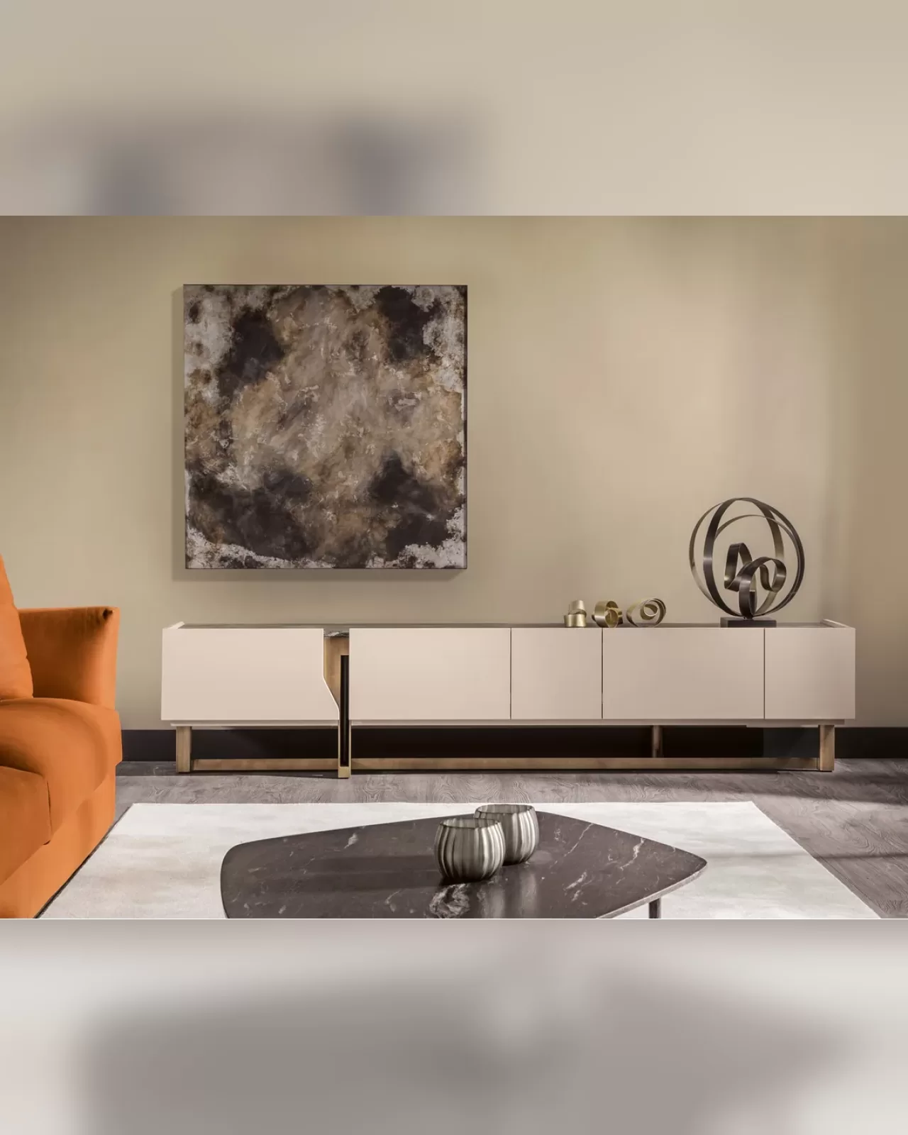 Mirage luxury TV unit by Cantori, 245 cm wide and 55 cm high, in a high-end Italian living room