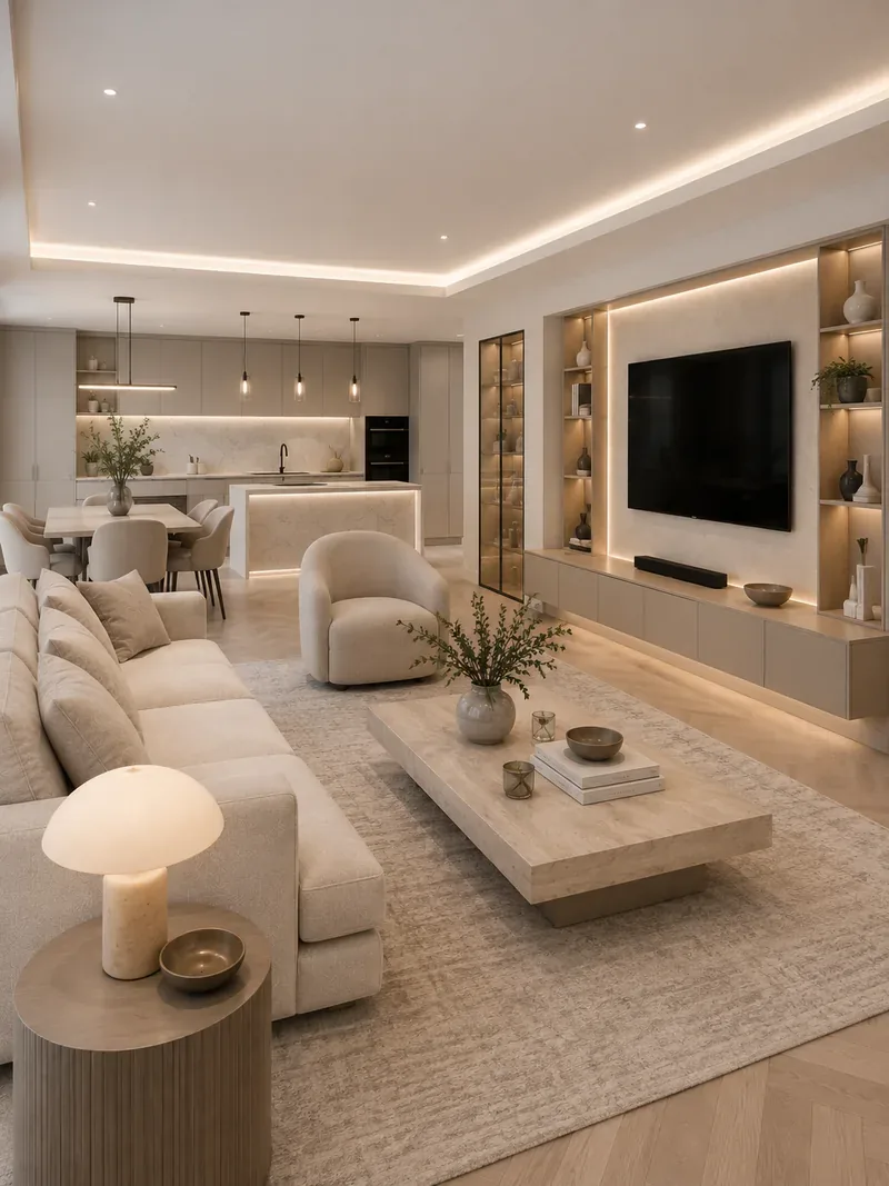 Modern open-plan living room with illuminated wall cabinetry, a travertine coffee table and an open kitchen island
