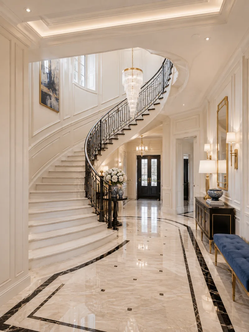 Classic ground floor hall with curved marble staircase, wrought-iron rail and a navy bench