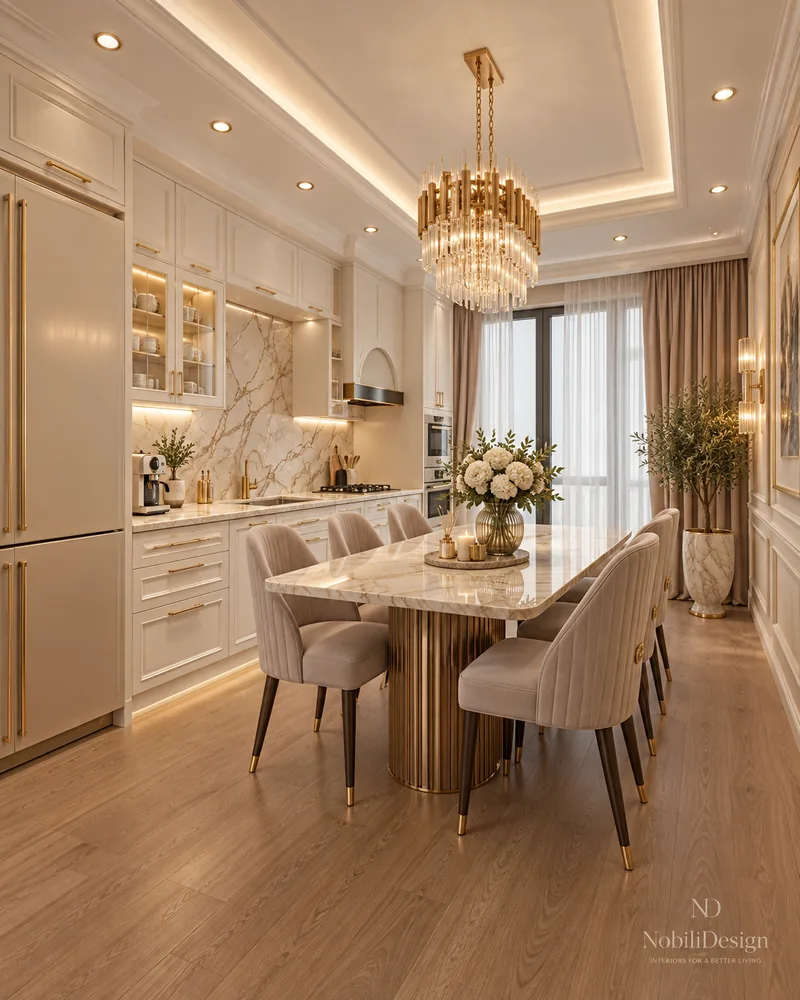 Classic kitchen with ivory cabinets, gold handles and marble backsplash, luxury kitchen interior design