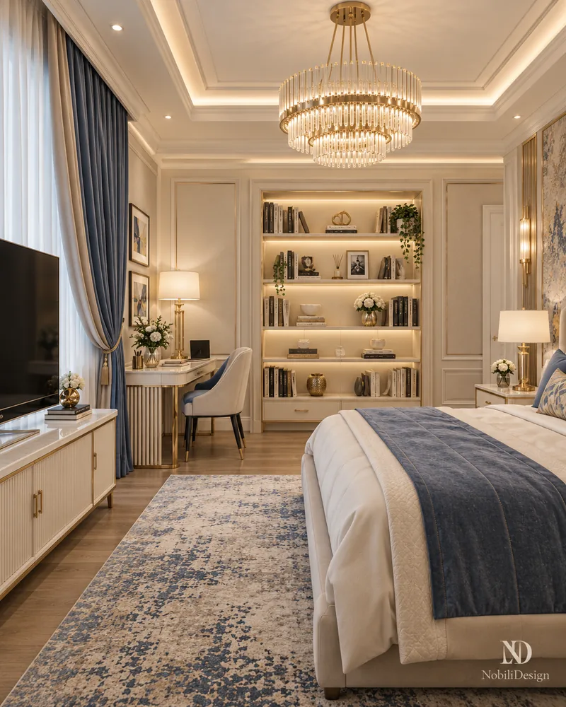 Child's bedroom with lit bookcase niche, writing desk, fluted cream console and navy-trimmed curtains