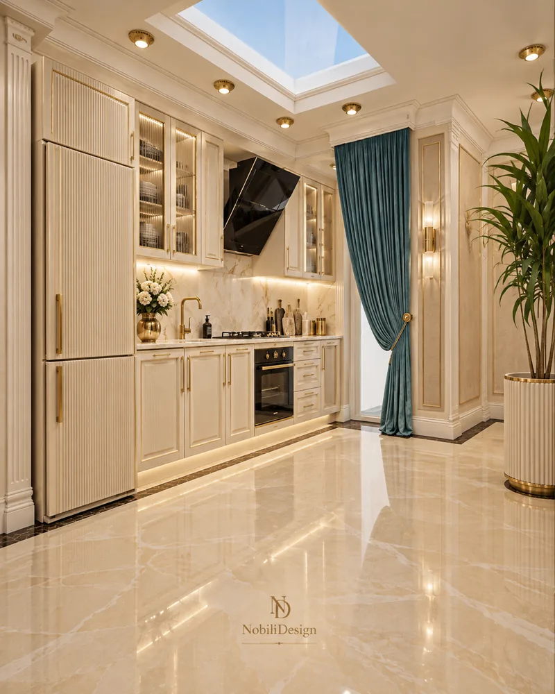 Kitchen with fluted fridge panel, marble backsplash, skylight, teal velvet curtain and tall fluted planter