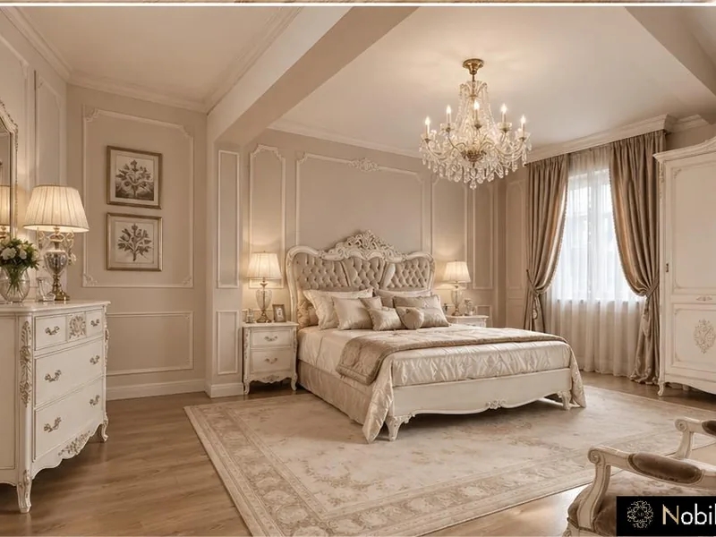 Classic villa master bedroom with carved ivory Francesco Pasi bed, chest of drawers and wardrobe