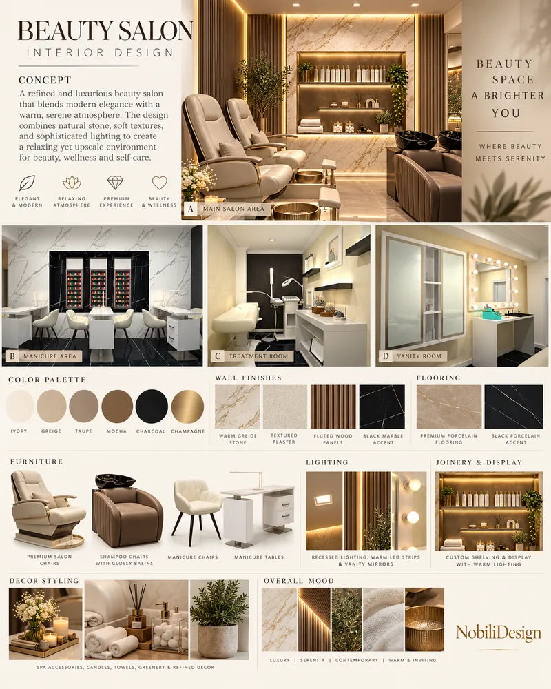 Beauty salon concept board with pedicure chairs, manicure, treatment and vanity views, stone, plaster and fluted wood samples