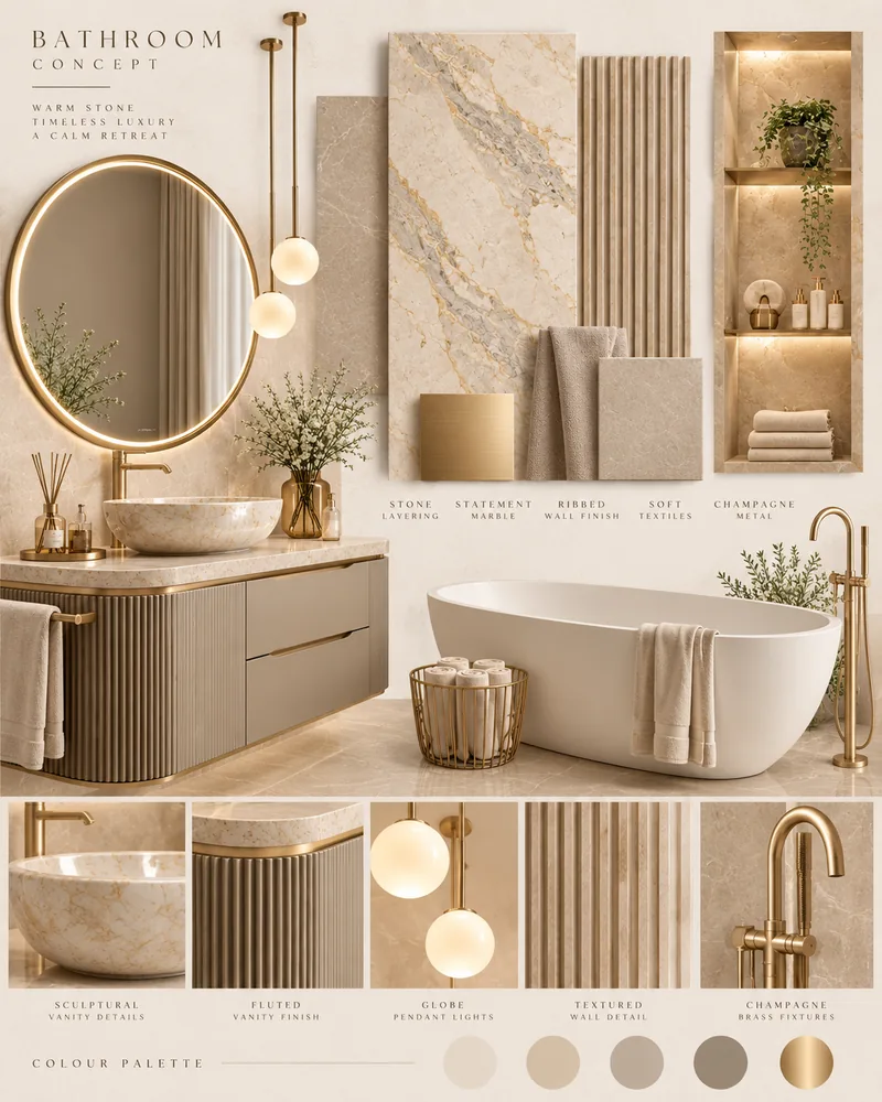 Bathroom concept board with marble slab, ribbed wall finish, fluted vanity, globe pendants and brass fixtures