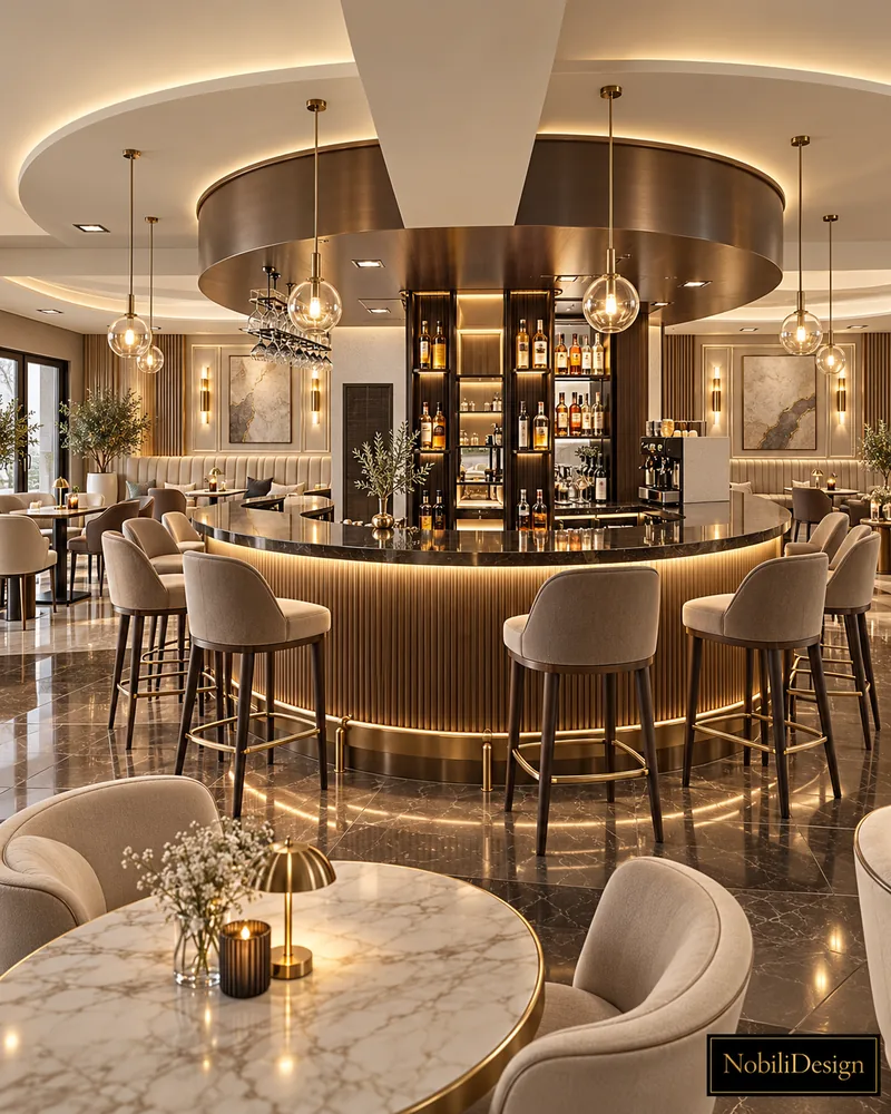 Central circular bar with walnut canopy, fluted brass-trimmed counter, backlit bottle columns and upholstered stools