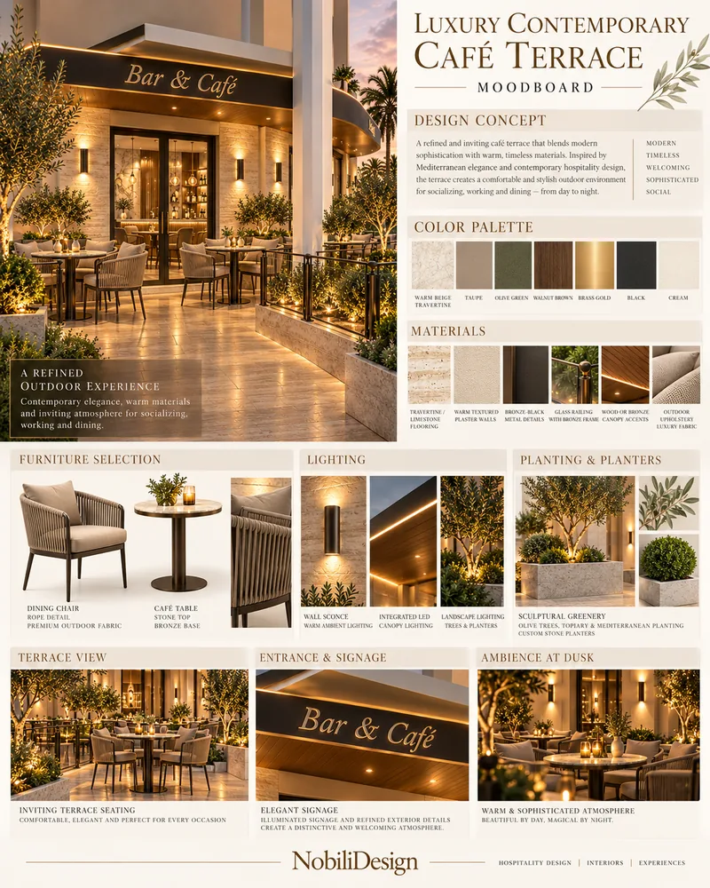 Terrace moodboard with travertine, rope-weave dining chair, stone-top cafe table, bronze railing, sconces and olive trees