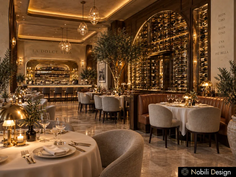 Italian restaurant design idea: tables in white linen and cream armchairs beside a walnut wine wall