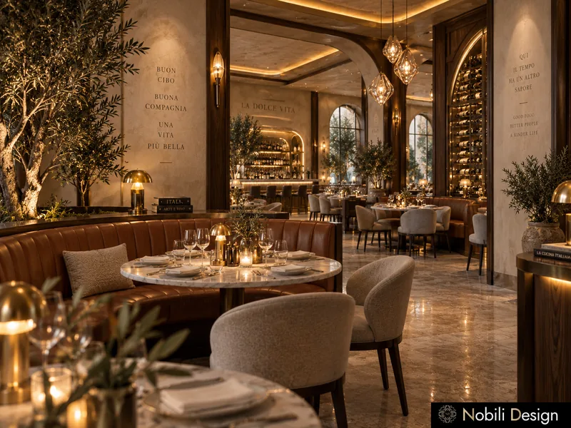 Restaurant seating design with a leather banquette, round marble table and faceted glass pendants