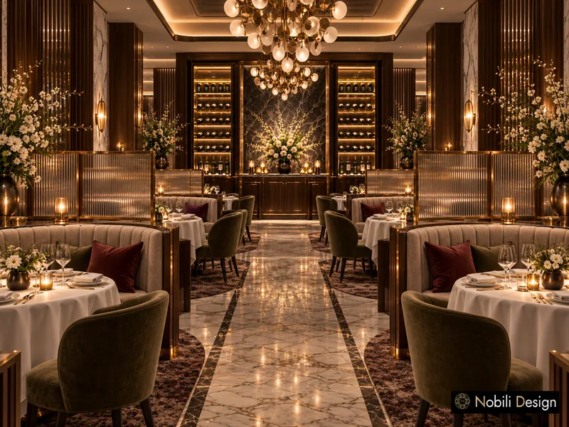 Restaurant wine display design: lit walnut cabinets around a black marble wall at the end of the aisle