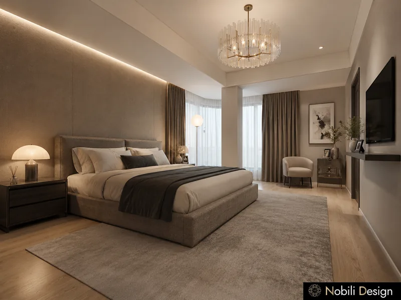 Modern house bedroom in taupe and wood with an upholstered bed, crystal chandelier and grey armchair