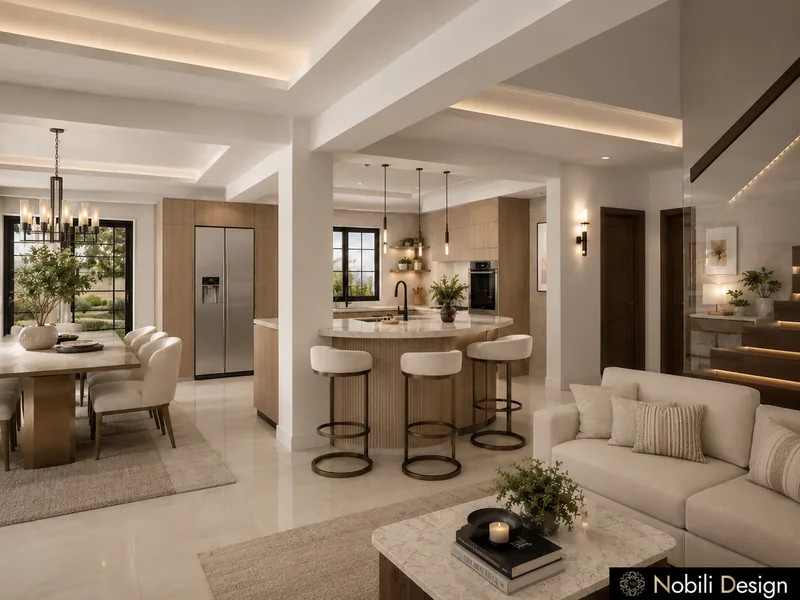 Modern house open space with living, dining and kitchen island, cream sectional and white columns