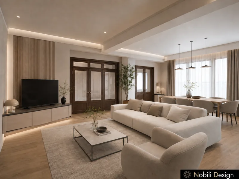 Modern living and dining room with cream sofa, low TV console, oak floor and glazed doors