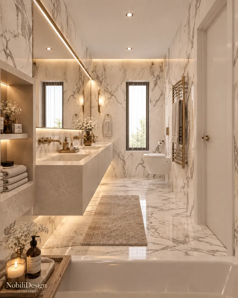 Modern bathroom design with floating stone double vanity, white veined marble walls and narrow windows