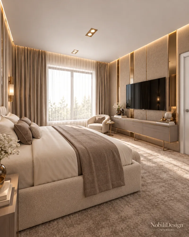 Modern master bedroom with upholstered wall panels and bronze strips, luxury bedroom interior design