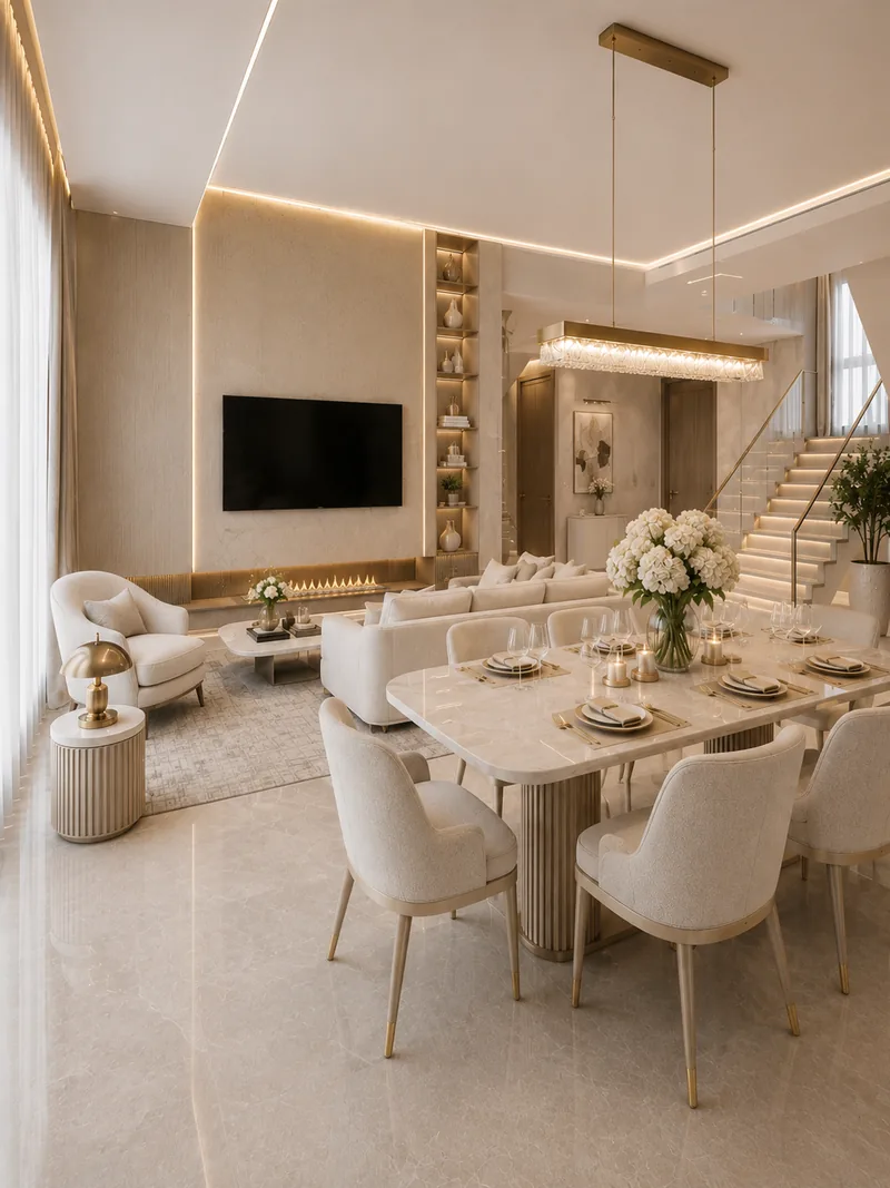 Modern living and dining room in warm beige with cream dining table, sofa, TV wall and staircase