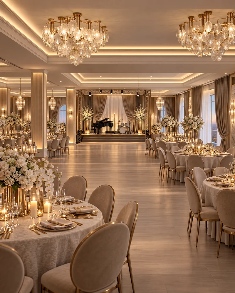 Ballroom with round banquet tables, oval-back chairs, glass bubble chandeliers and a curtained stage with piano at the end