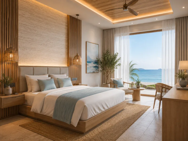 Hotel room interior design with oak bed, sea-blue throw and a window over the sea