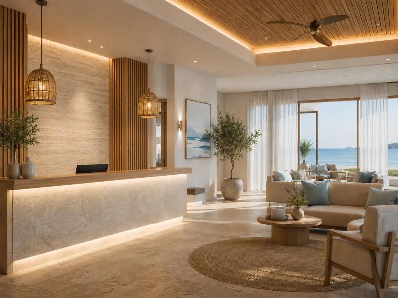 Seaside hotel reception with lit travertine desk, rattan pendants, oak slats and a lounge facing the sea
