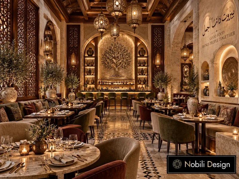 Lebanese restaurant dining room with carved walnut screens, brass lanterns, velvet chairs and mosaic floor