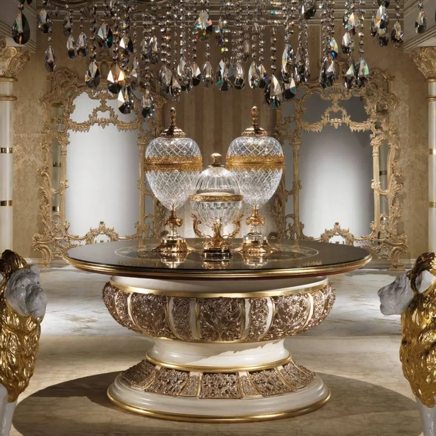 Royal Round Dining Table with Mother-of-Pearl Top N25214, Cappelletti Royal collection, classic Italian dining table in a classic dining room setting, photo 1 of 2