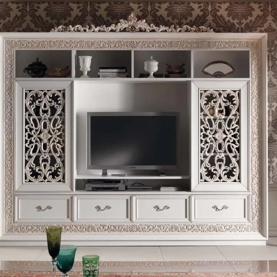 Gran Guardia Carved Wall Unit with Pierced Doors, TV Opening by Francesco Pasi, wall unit for living room, 288 cm wide