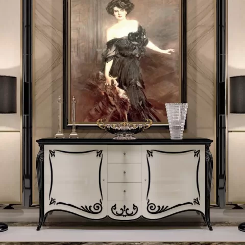 Opera Shaped Sideboard, Carved "B" Decoration, 2 Doors 3 Drawers