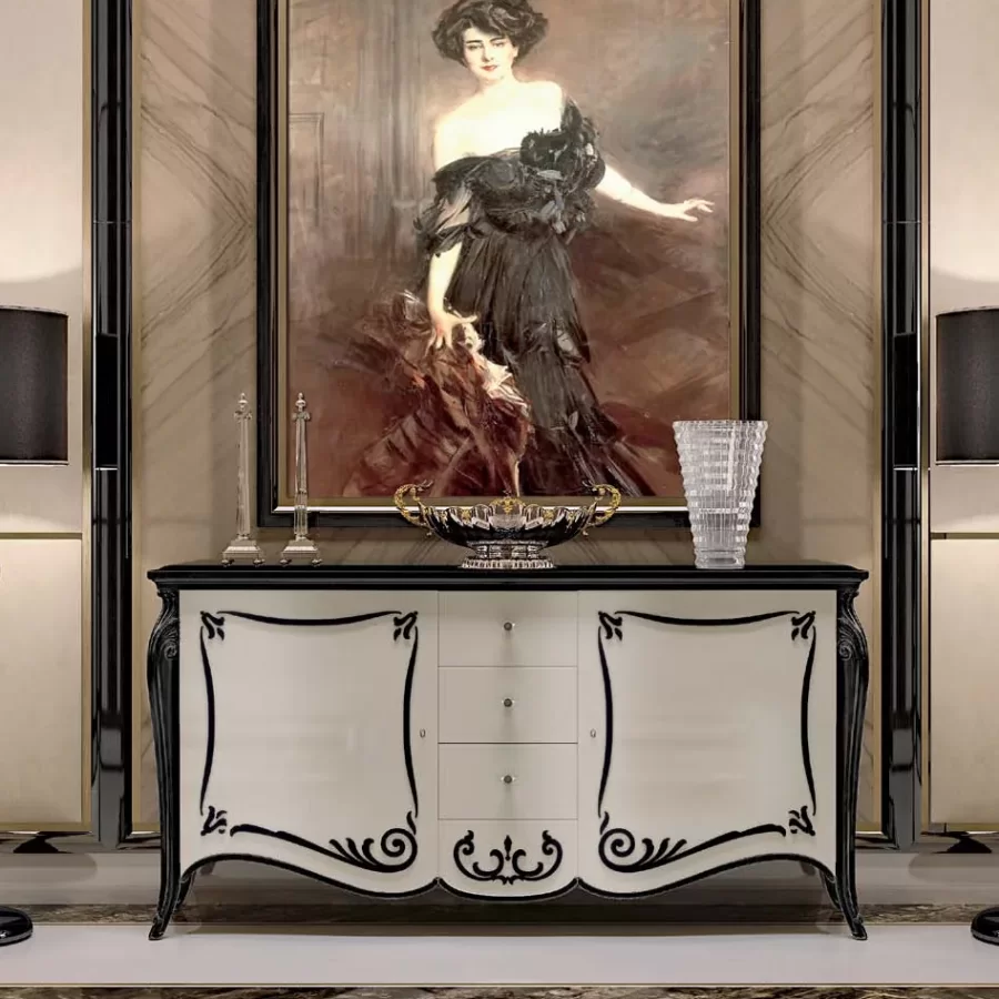 Opera Shaped Sideboard, Carved "B" Decoration, 2 Doors 3 Drawers by Francesco Pasi, dining room furniture, 210 cm wide