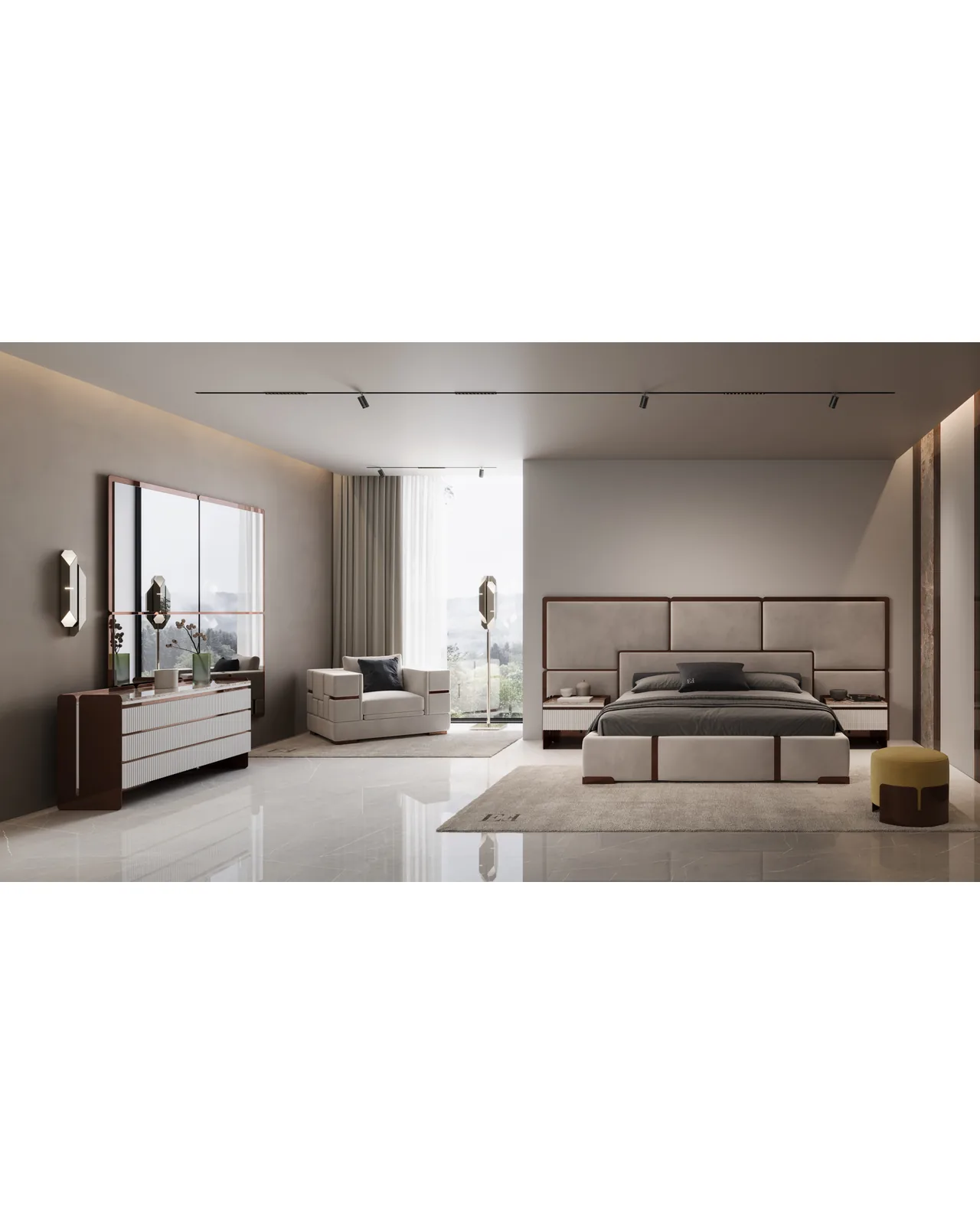 Bedroom with a panelled upholstered bed, a chest of drawers and an armchair, Italian made furniture