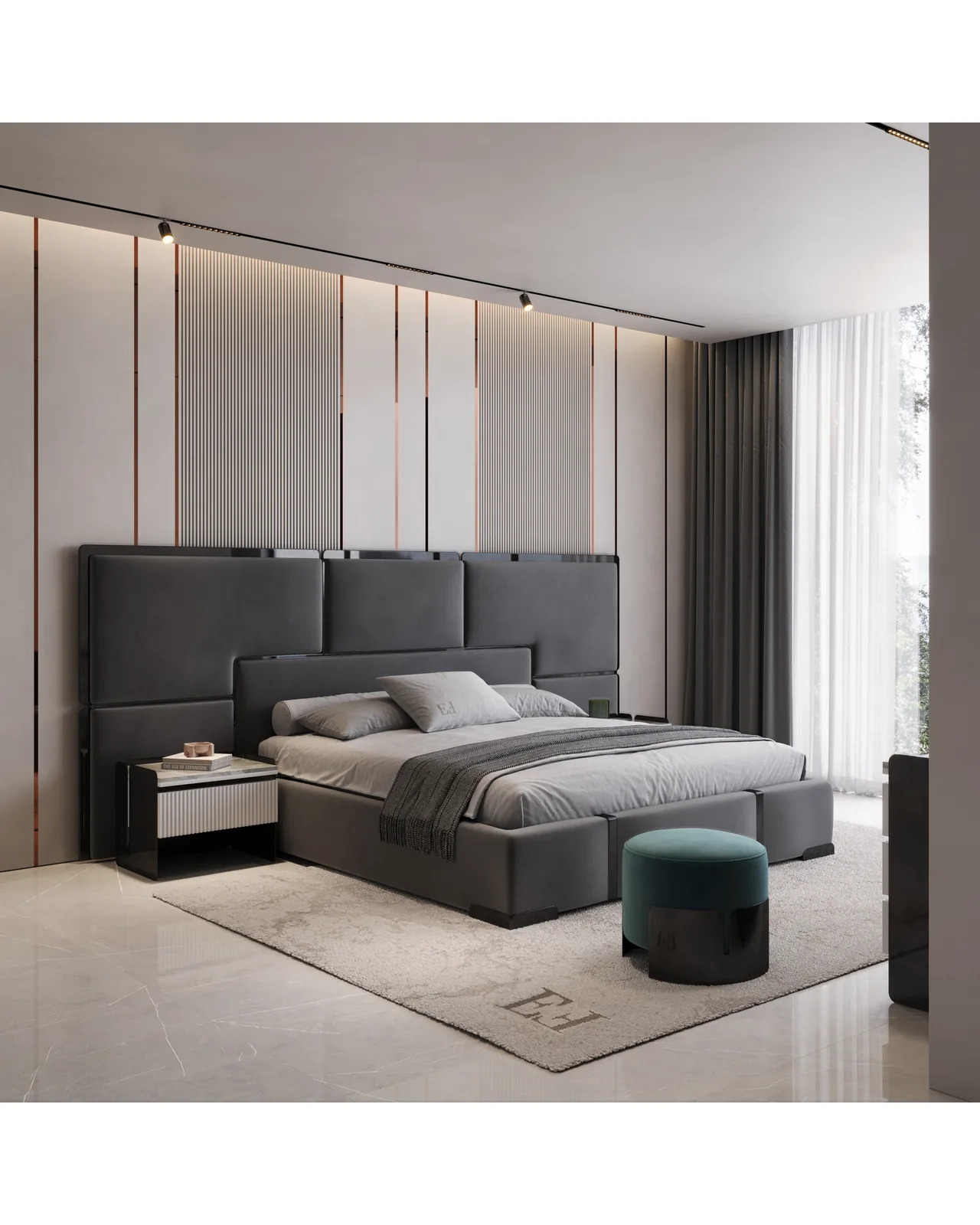 Upholstered bed with a tall panelled headboard in dark grey fabric, furniture stores in Rome, Italy