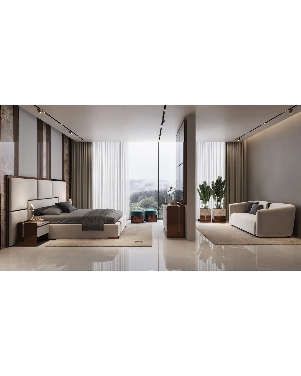 Bedroom with a wide panelled headboard and a sofa by the window, Italian style furniture