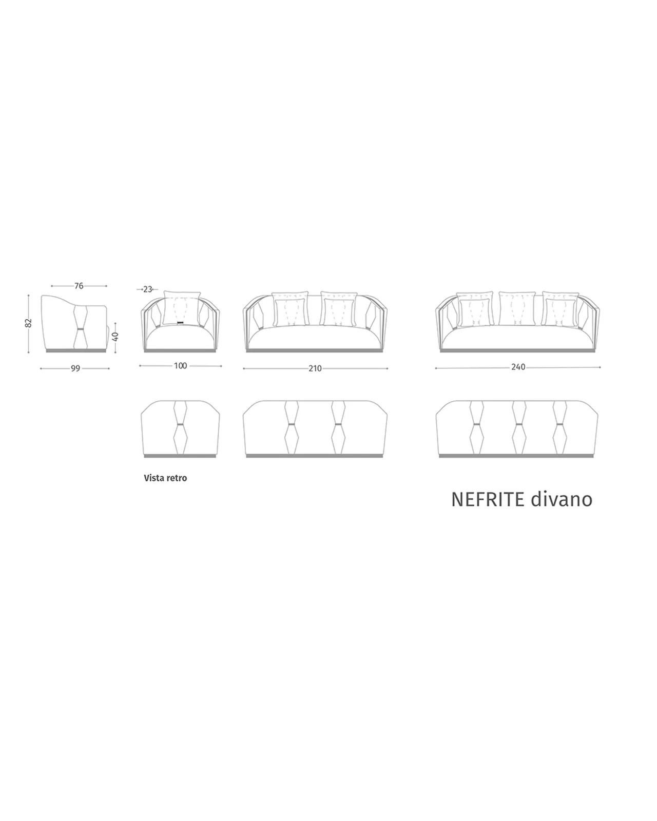 Nefrite Sofa by Epoque, Exence collection, sofa technical drawing with dimensions, photo 4 of 4