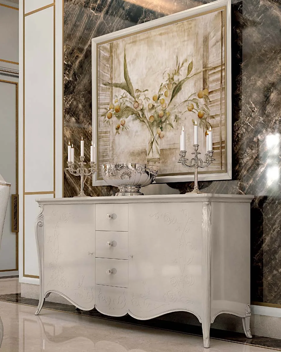 Credenza sagomata Opera, decorazione "B" intagliata, 2 ante 3 cassetti, immagine 2 di 3, di Francesco Pasi