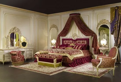 Rome bedroom furniture consisting of upholstered bed with canopy and bedside tables with mirrors, classic furniture
