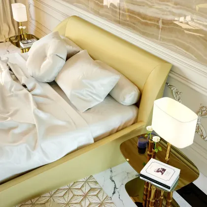 Contemporary Gold Leather Upholstered Bed Lotus, high end Italian furniture