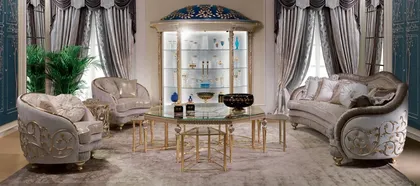 Three Seaters Sofa Armchair Two Doors Showcase With Dome, Metal Columns And Details, Italian sofa