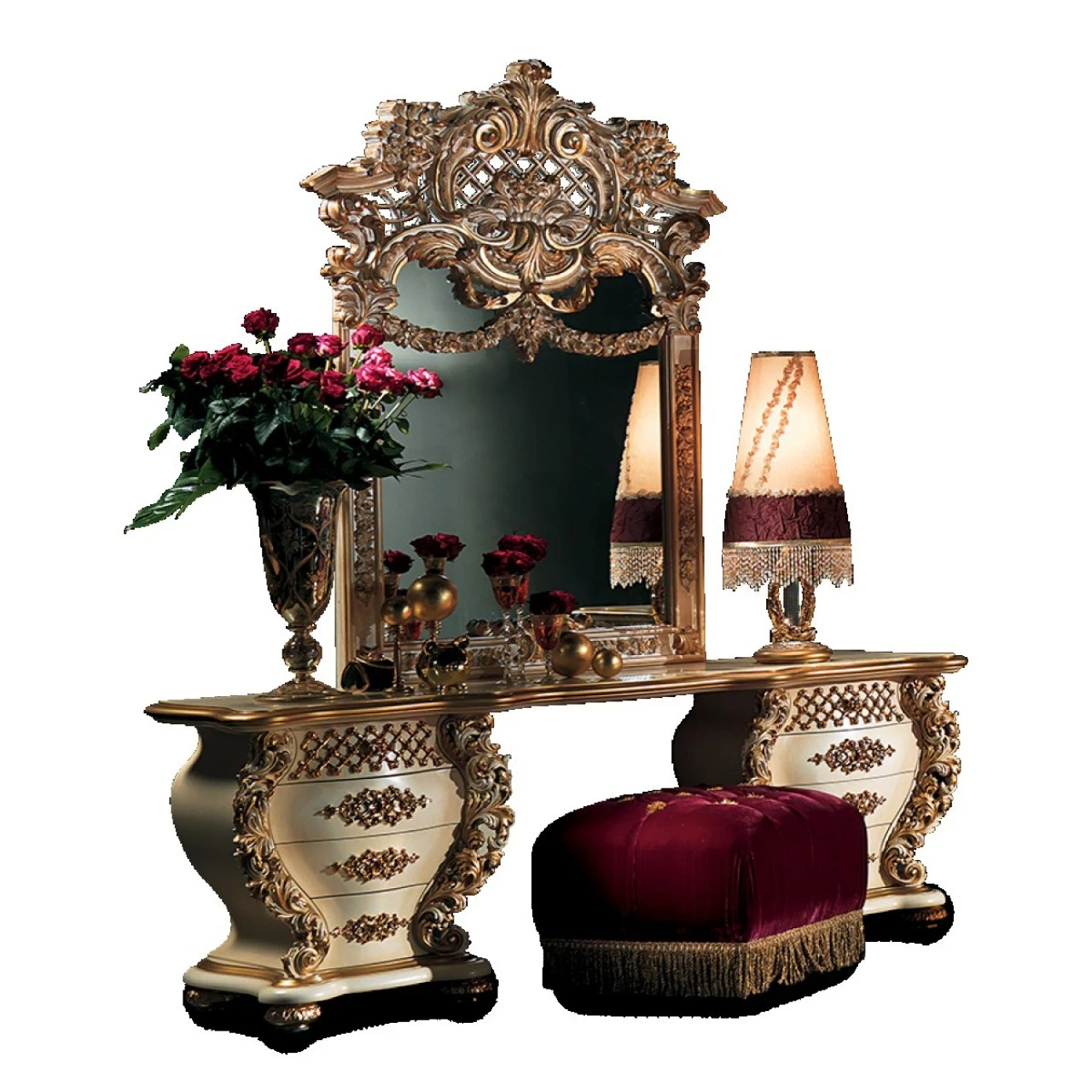 Carved dressing table in ivory and gold with a mirror and a velvet pouf, furniture stores in Rome, Italy